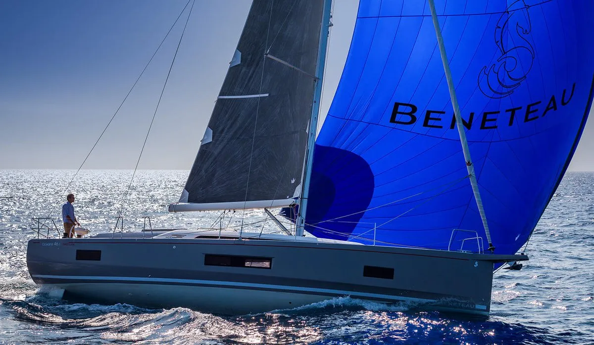 Exterior view of Gkilia Mare, a Beneteau Oceanis 46.1 sailboat at Athens, Greece