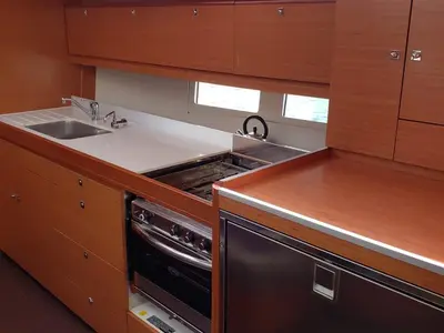 Galley of Catch The Wind, a Dufour 460 GL sailboat at Figari/Golfo Aranci, Italy