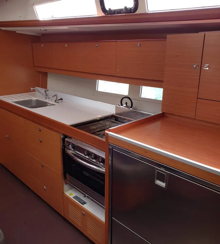 Galley of Catch The Wind, a Dufour 460 GL sailboat at Figari/Golfo Aranci, Italy