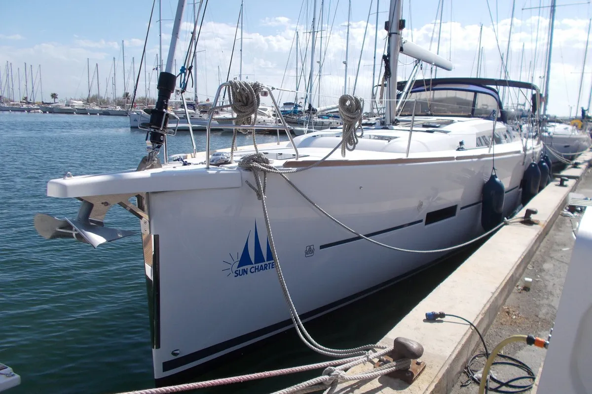 Exterior view of Catch The Wind, a Dufour 460 GL sailboat at Figari/Golfo Aranci, Italy