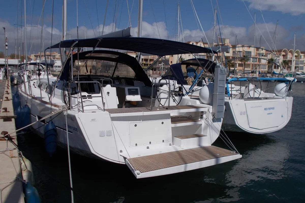 Exterior view of Catch The Wind, a Dufour 460 GL sailboat at Figari/Golfo Aranci, Italy