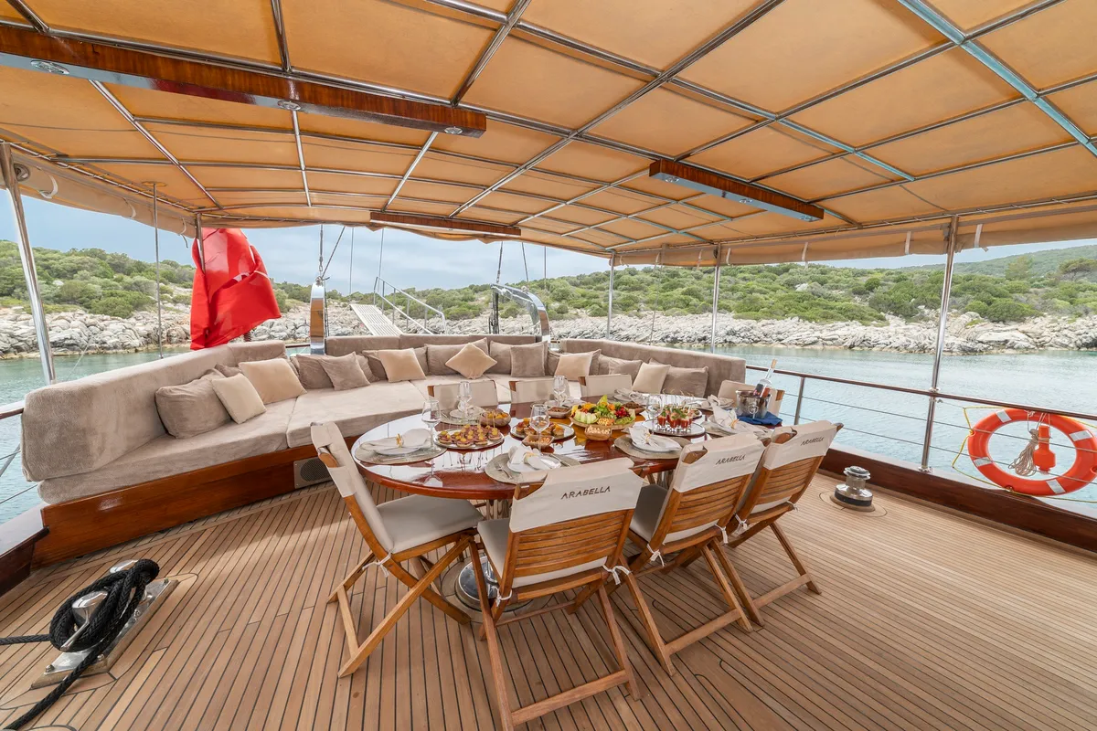 Deck of Arabella, a Custom Made Arabella motor yacht at Bodrum, Turkey