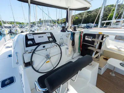 Cockpit of Fleur de Sel, a Lagoon 42 catamaran at Grad Pula, Croatia