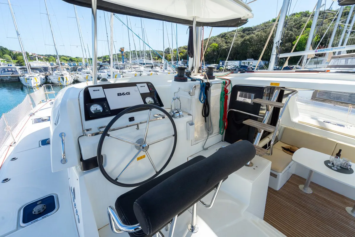 Cockpit of Fleur de Sel, a Lagoon 42 catamaran at Grad Pula, Croatia