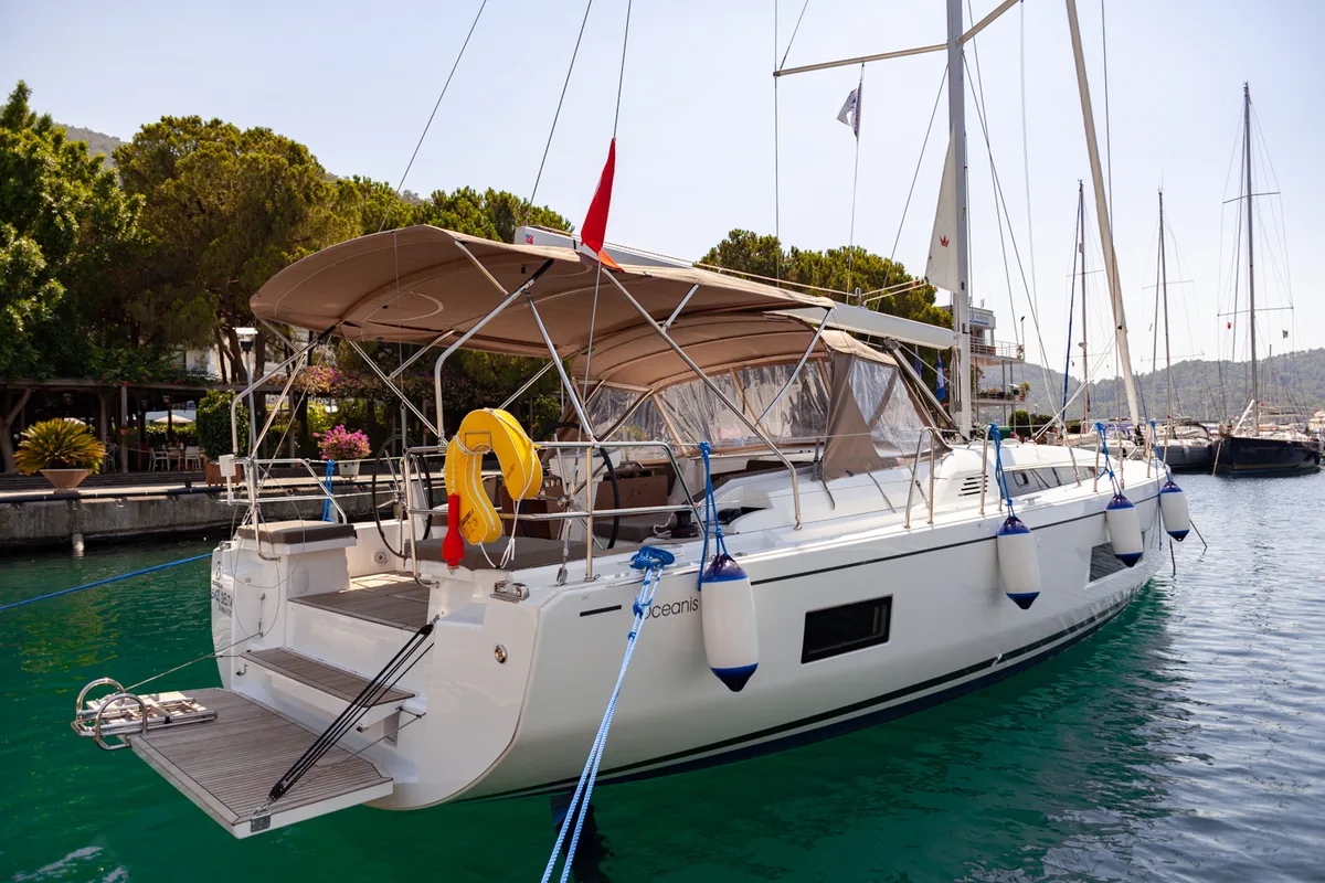 Cockpit of Sail Delta, a Beneteau Oceanis 46.1 sailboat at Marmaris, Turkey