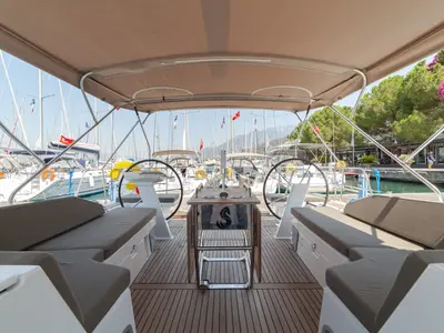 Cockpit of Sail Delta, a Beneteau Oceanis 46.1 sailboat at Marmaris, Turkey