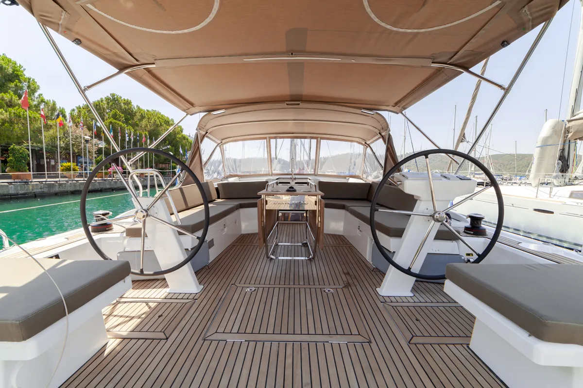 Cockpit of Sail Delta, a Beneteau Oceanis 46.1 sailboat at Marmaris, Turkey