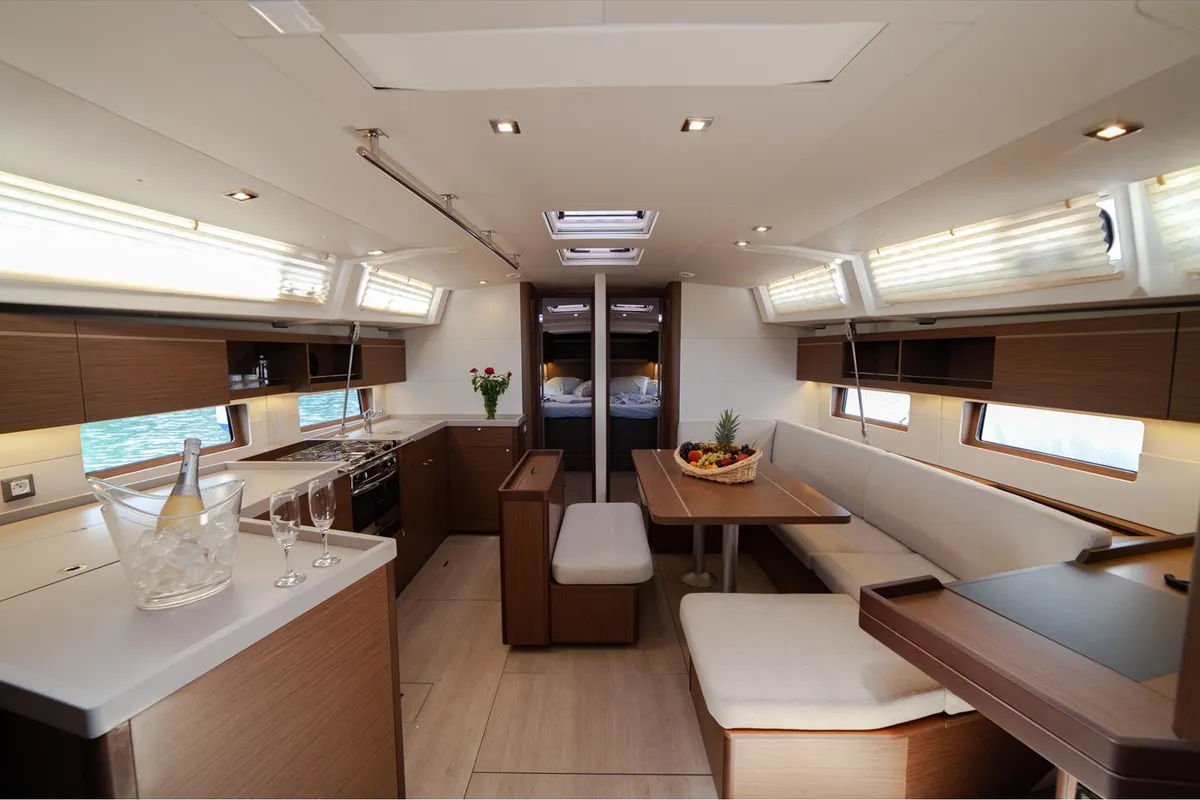 Exterior view of Sail Delta, a Beneteau Oceanis 46.1 sailboat at Marmaris, Turkey