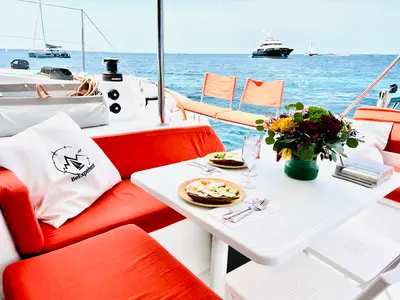 Deck of OLOKUM Mallorca BAREBOAT, a Excess 11 catamaran at Port d'Andratx, Spain