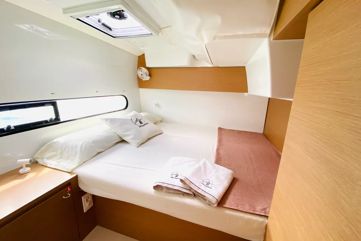 Cabin on OLOKUM Mallorca BAREBOAT, a Excess 11 catamaran at Port d'Andratx, Spain