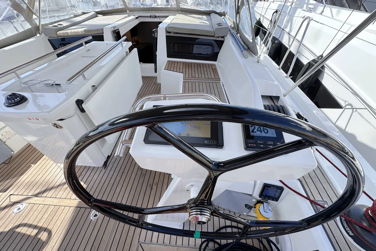 Cockpit of Sophia, a Beneteau Oceanis 46.1 sailboat at Palma de Mallorca, Spain