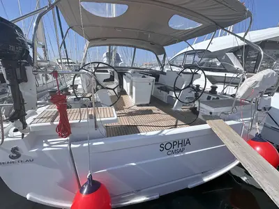 Cockpit of Sophia, a Beneteau Oceanis 46.1 sailboat at Palma de Mallorca, Spain