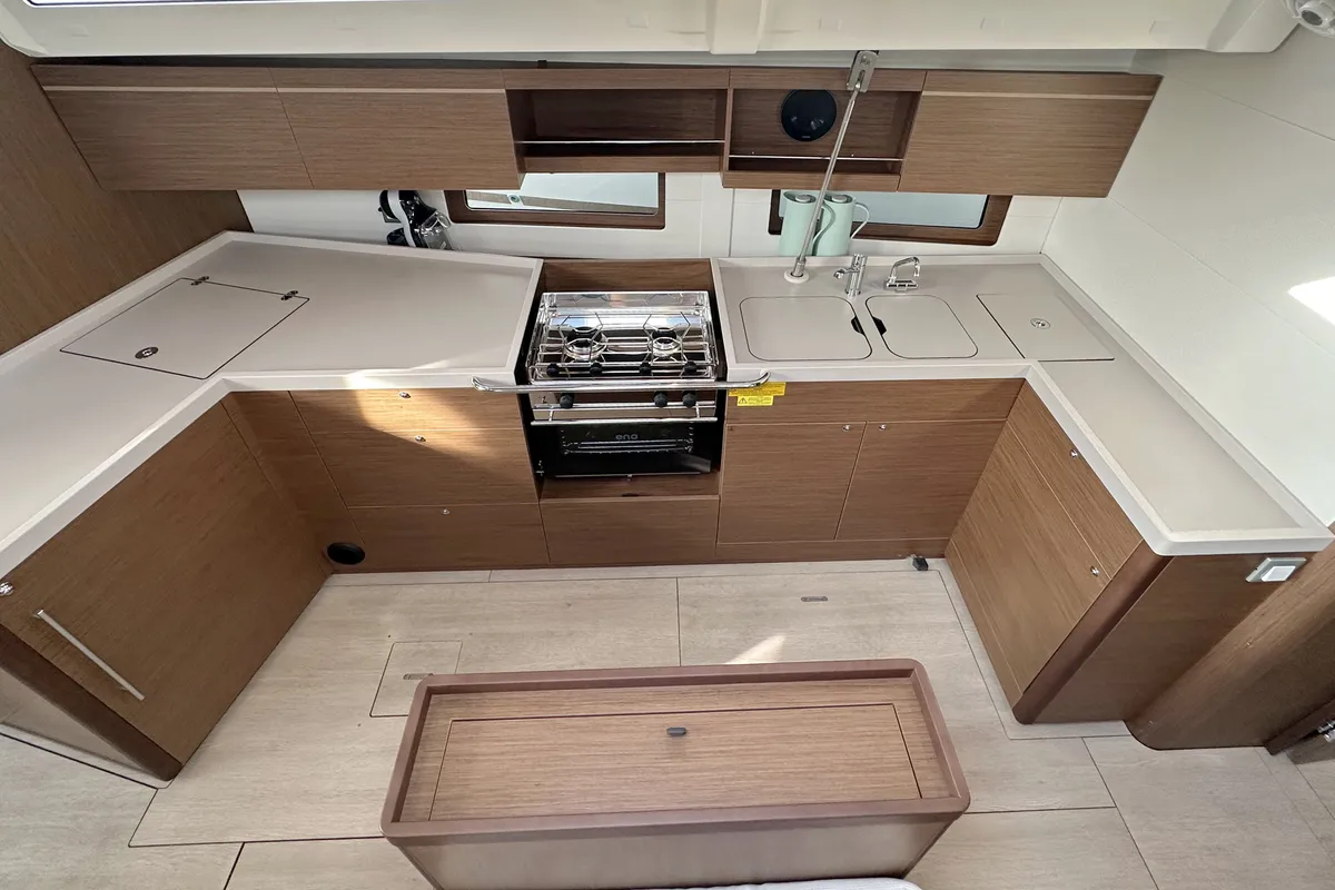 Galley of Sophia, a Beneteau Oceanis 46.1 sailboat at Palma de Mallorca, Spain