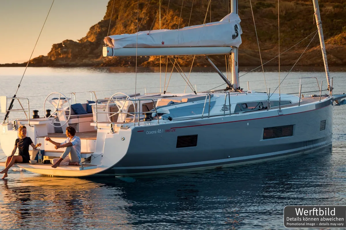 Exterior view of Sophia, a Beneteau Oceanis 46.1 sailboat at Palma de Mallorca, Spain