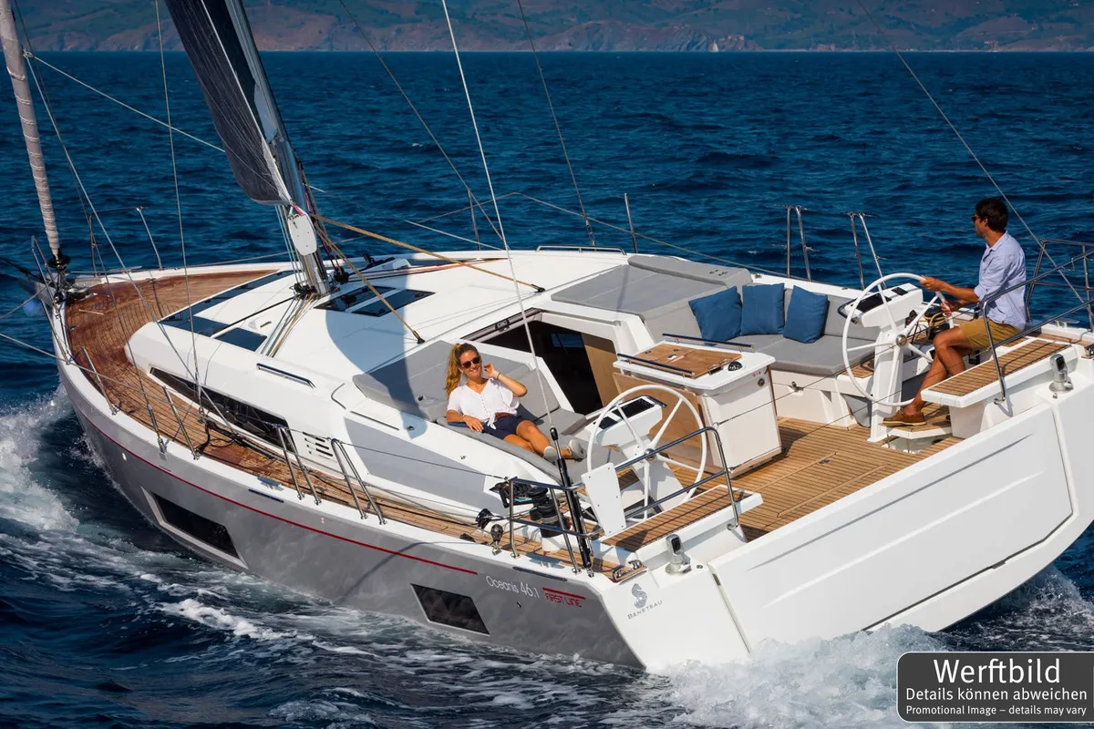 Exterior view of Sophia, a Beneteau Oceanis 46.1 sailboat at Palma de Mallorca, Spain