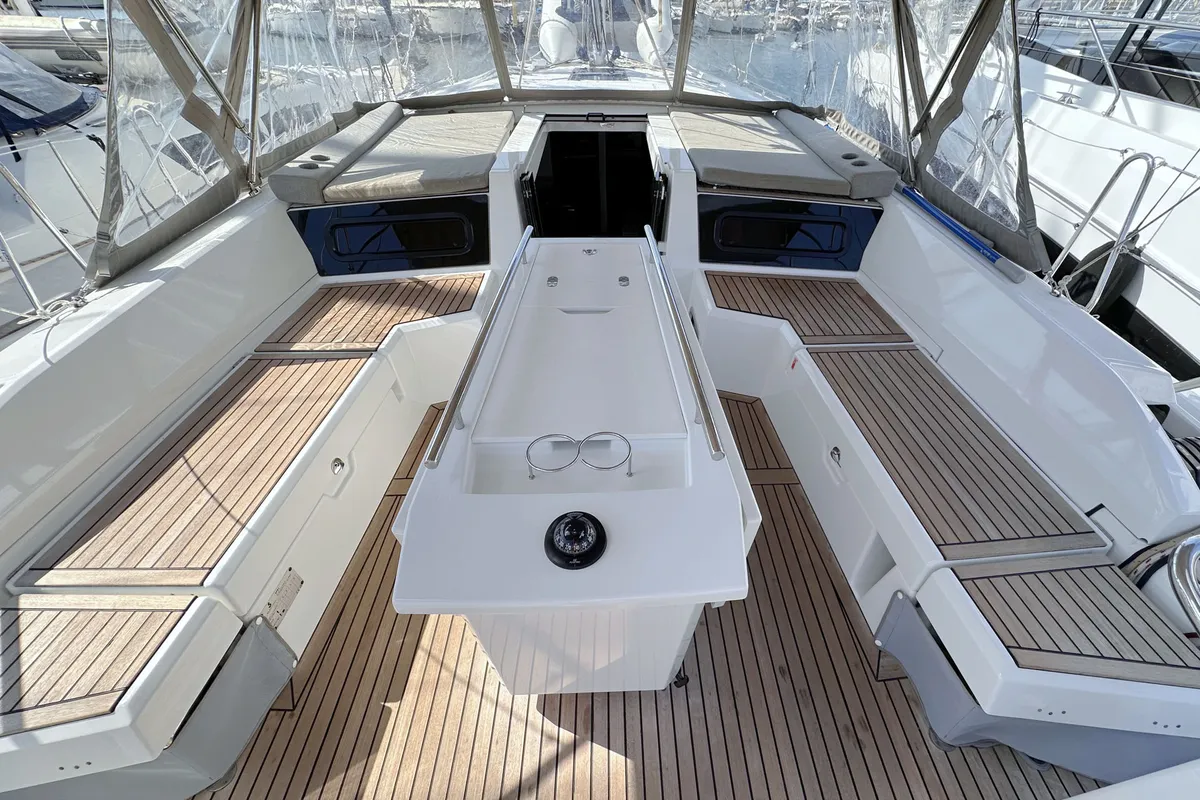 Deck of Sophia, a Beneteau Oceanis 46.1 sailboat at Palma de Mallorca, Spain