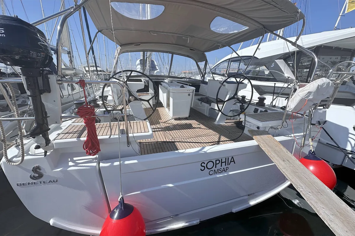 Exterior view of Sophia, a Beneteau Oceanis 46.1 sailboat at Palma de Mallorca, Spain