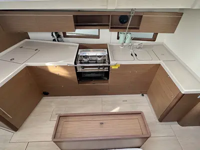 Galley of Sophia, a Beneteau Oceanis 46.1 sailboat at Palma de Mallorca, Spain