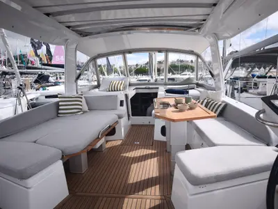 Cockpit of Beneteau Oceanis 52, a sailboat at Athens, Greece