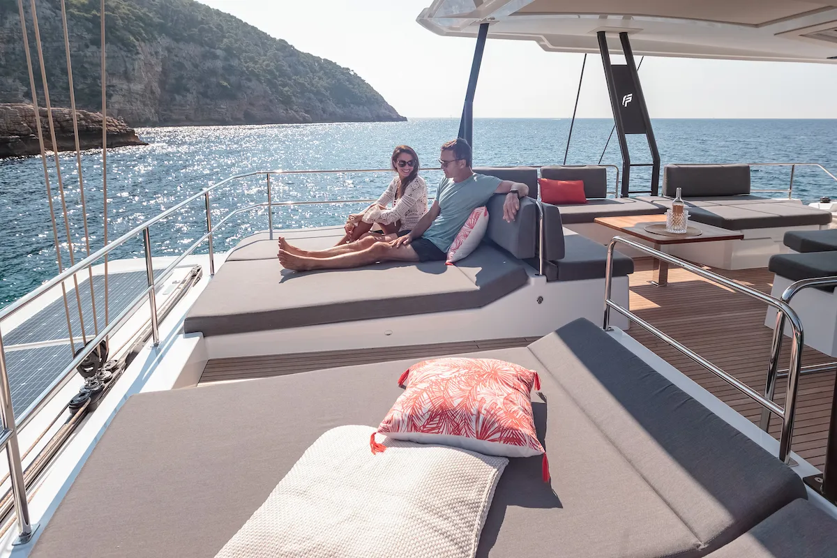 Deck of OKINAWA, a Fountaine Pajot Samana 59 catamaran at Ajaccio, France