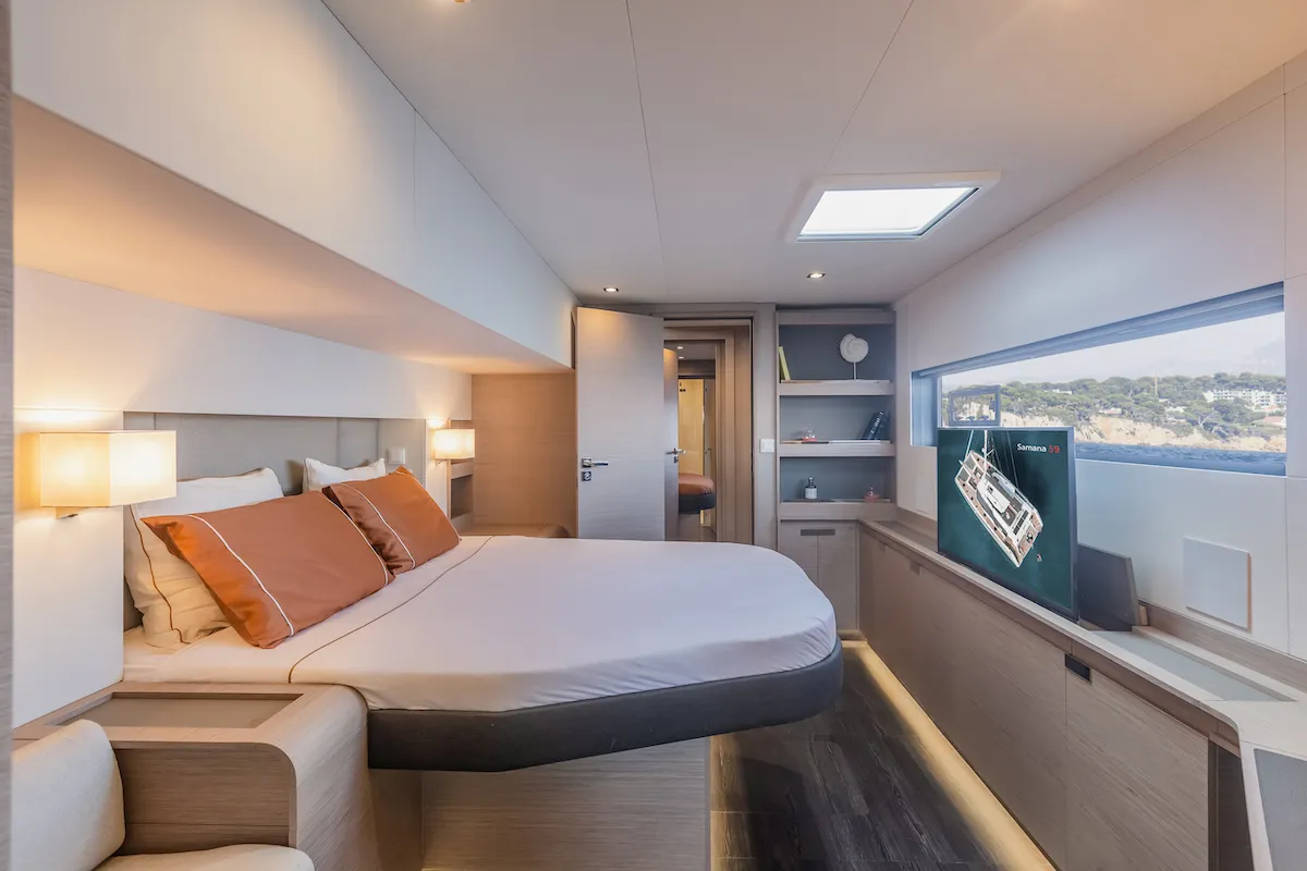 Cabin on OKINAWA, a Fountaine Pajot Samana 59 catamaran at Ajaccio, France