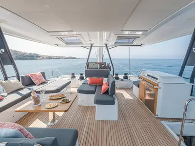 Cockpit of OKINAWA, a Fountaine Pajot Samana 59 catamaran at Ajaccio, France