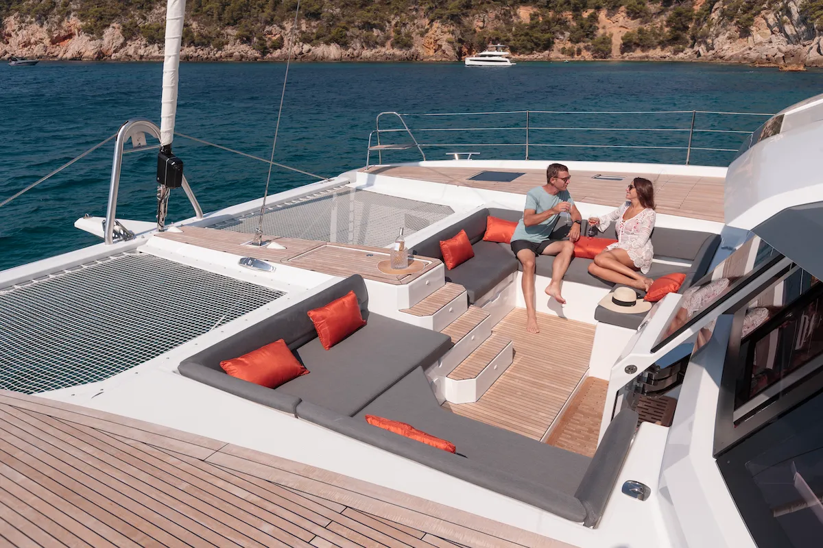 Deck of OKINAWA, a Fountaine Pajot Samana 59 catamaran at Ajaccio, France