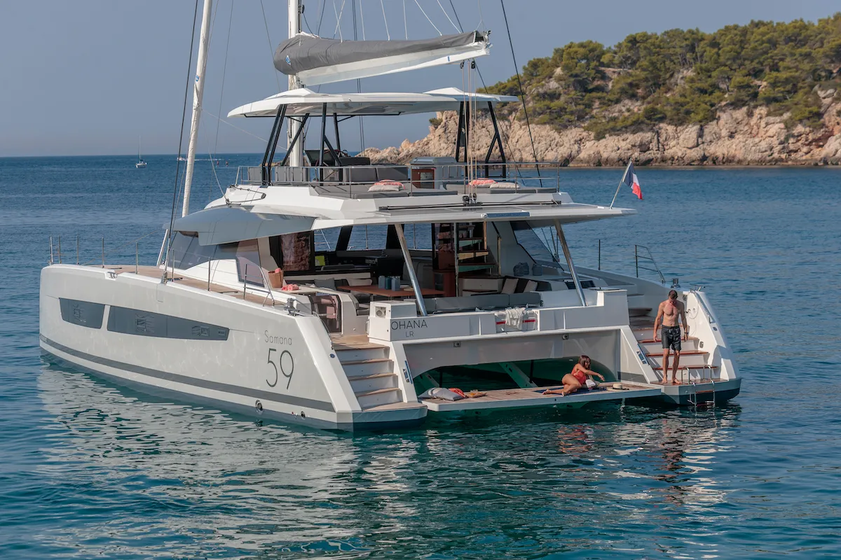 Exterior view of OKINAWA, a Fountaine Pajot Samana 59 catamaran at Ajaccio, France