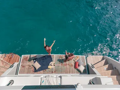 Deck of OKINAWA, a Fountaine Pajot Samana 59 catamaran at Ajaccio, France