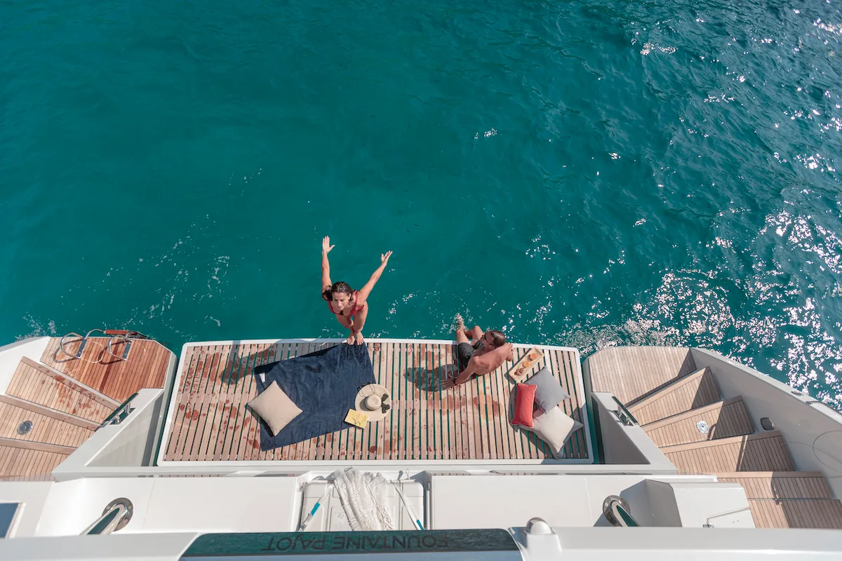 Deck of OKINAWA, a Fountaine Pajot Samana 59 catamaran at Ajaccio, France
