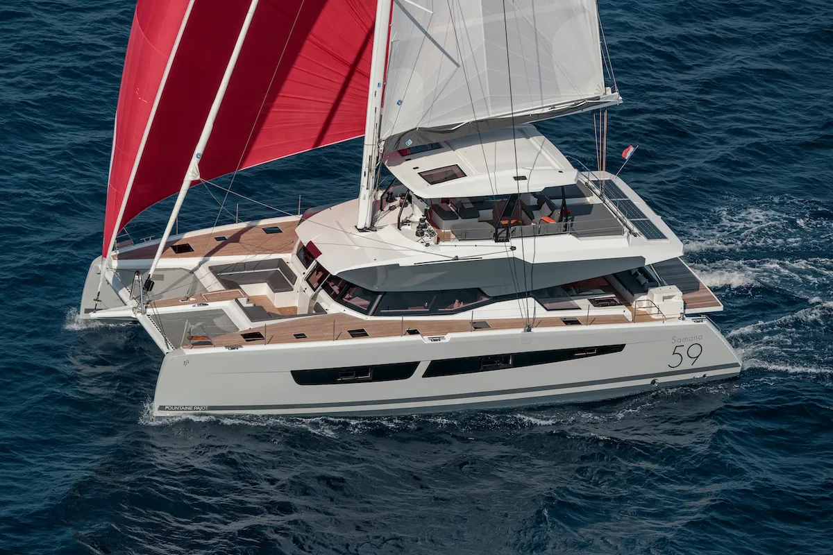 Exterior view of OKINAWA, a Fountaine Pajot Samana 59 catamaran at Ajaccio, France