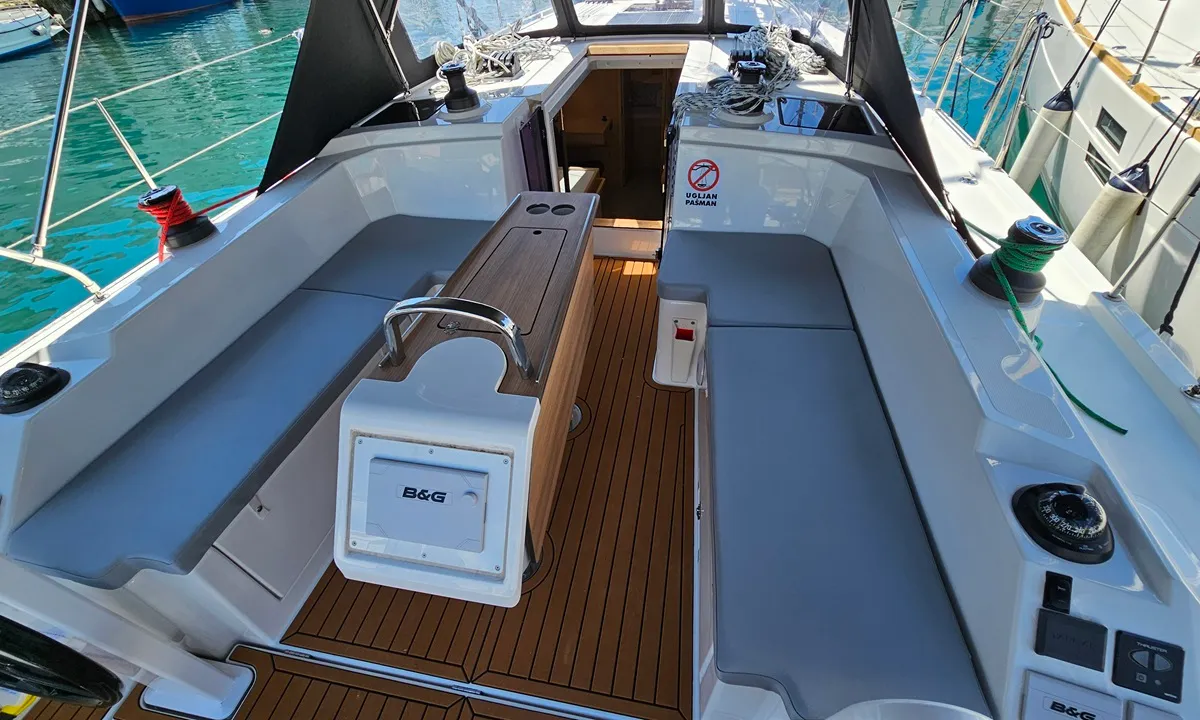 Deck of Euphoria, a Bavaria C38 sailboat at Zadar, Croatia