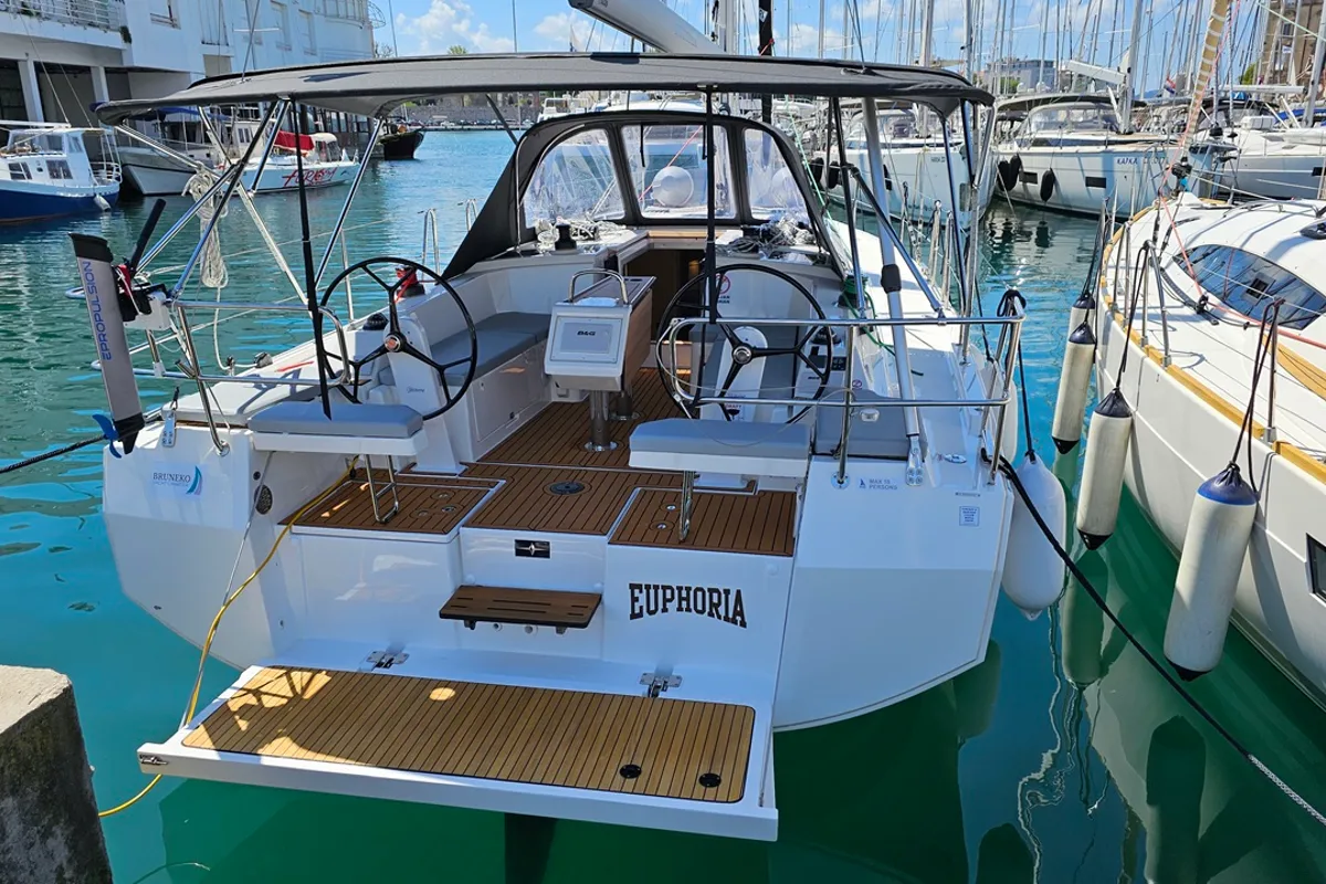 Deck of Euphoria, a Bavaria C38 sailboat at Zadar, Croatia