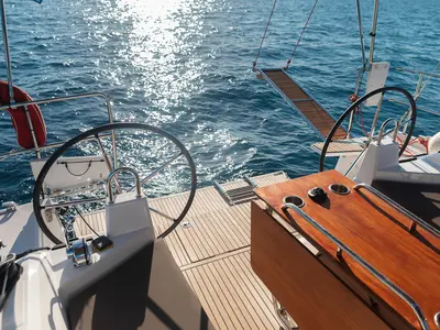 Cockpit of Kos 40.3, a Beneteau Oceanis 40.1 sailboat at Municipal Unit of Lefkada, Greece