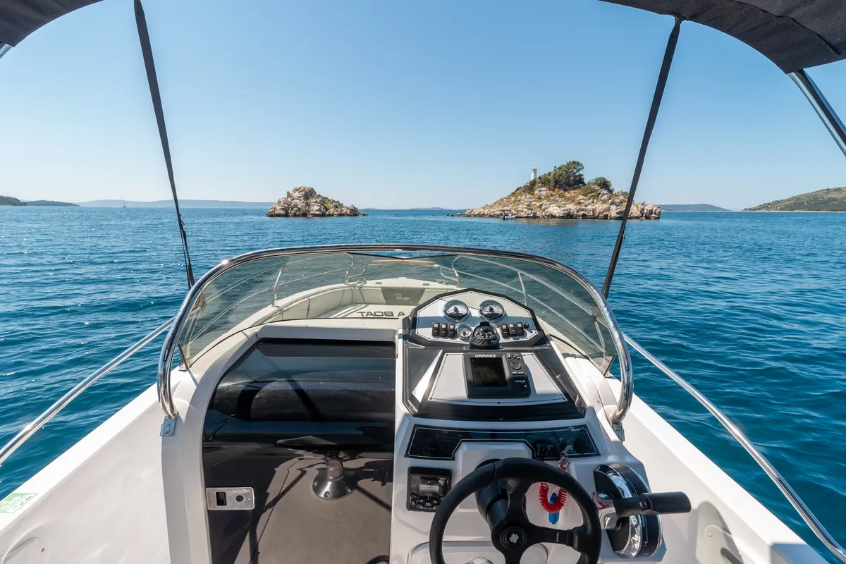 Cockpit of Ranieri 21, a Gulet Voyager 21 motorboat at Grad Trogir, Croatia