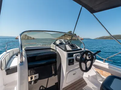 Cockpit of Ranieri 21, a Gulet Voyager 21 motorboat at Grad Trogir, Croatia