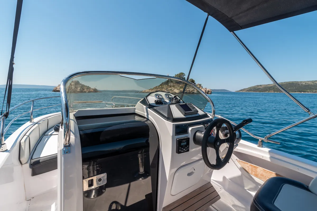 Cockpit of Ranieri 21, a Gulet Voyager 21 motorboat at Grad Trogir, Croatia