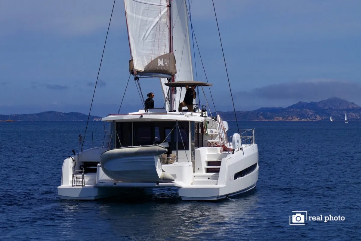 Exterior view of Enya, a Bali 4.1 catamaran at Cannigione, Italy