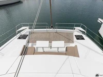 Deck of Enya, a Bali 4.1 catamaran at Cannigione, Italy
