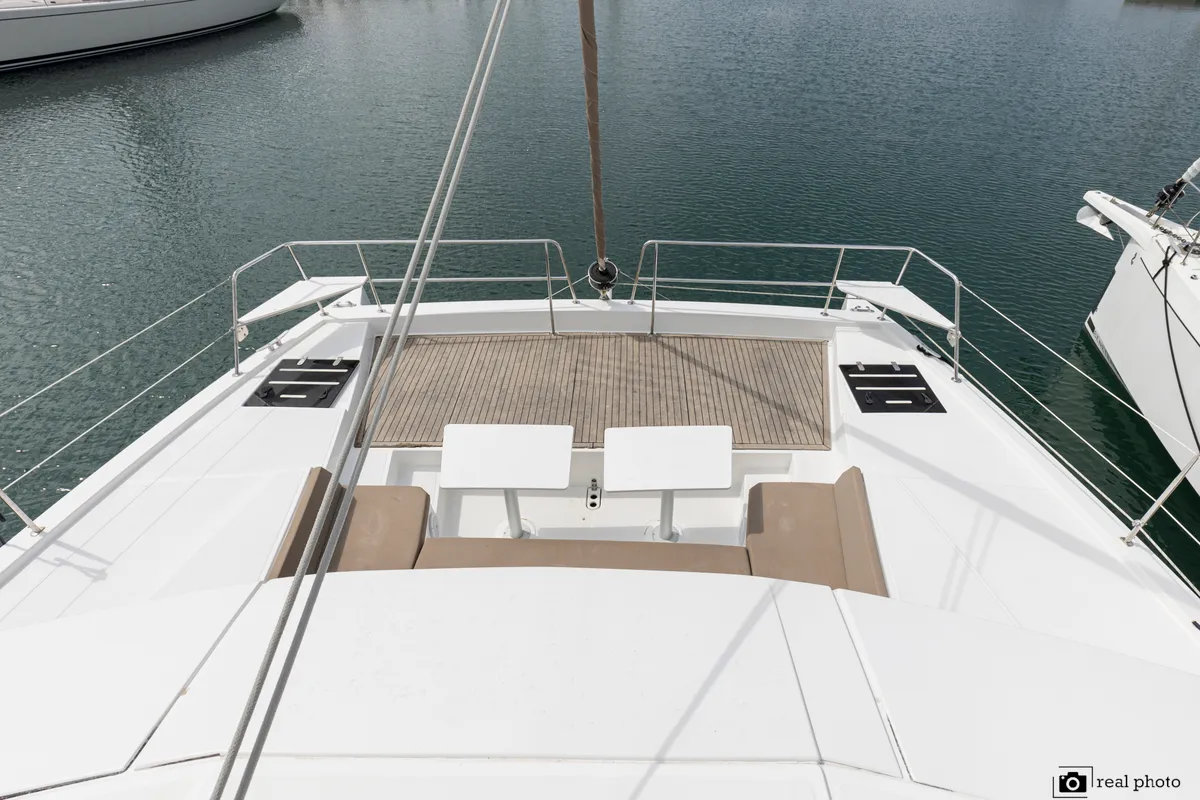 Deck of Enya, a Bali 4.1 catamaran at Cannigione, Italy