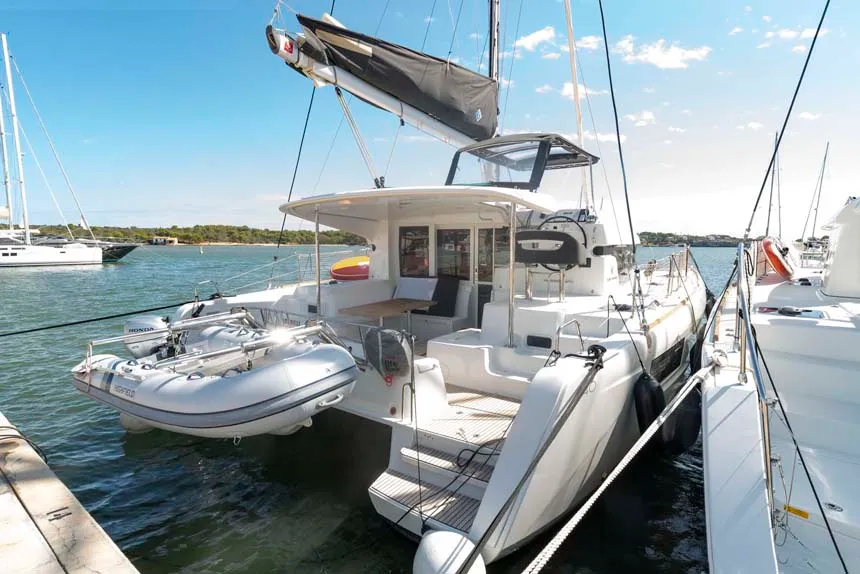 Exterior view of Laurelli, a Lagoon 40 catamaran at Grand Anse, Grenada