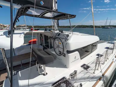 Cockpit of Laurelli, a Lagoon 40 catamaran at Grand Anse, Grenada