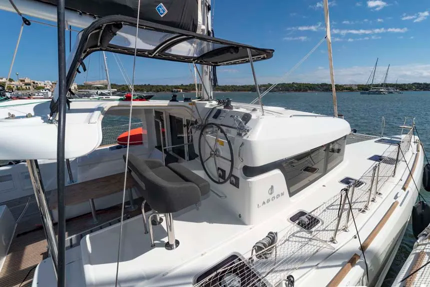 Cockpit of Laurelli, a Lagoon 40 catamaran at Grand Anse, Grenada