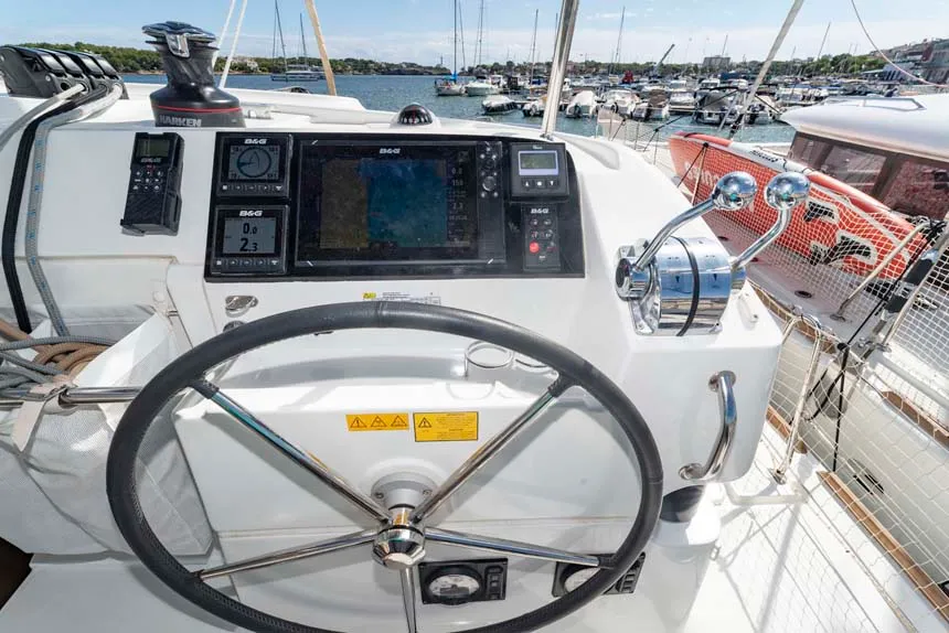 Cockpit of Laurelli, a Lagoon 40 catamaran at Grand Anse, Grenada