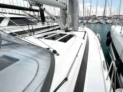 Deck of Penelope, a Bavaria C46 sailboat at Municipal Unit of Lefkada, Greece