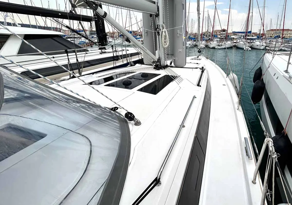 Deck of Penelope, a Bavaria C46 sailboat at Municipal Unit of Lefkada, Greece