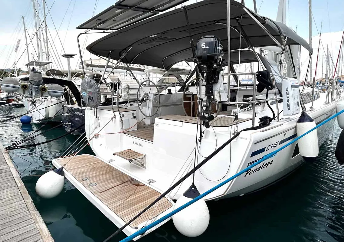 Exterior view of Penelope, a Bavaria C46 sailboat at Municipal Unit of Lefkada, Greece