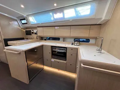 Galley of Penelope, a Bavaria C46 sailboat at Municipal Unit of Lefkada, Greece