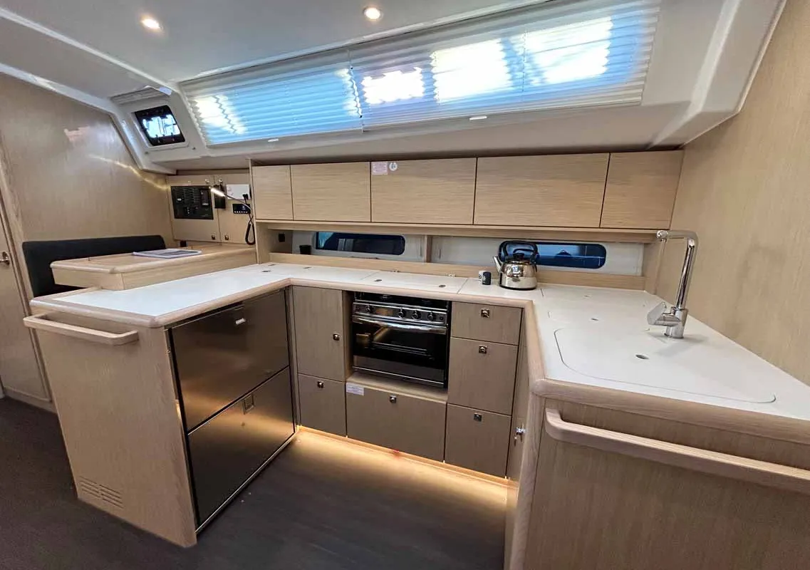 Galley of Penelope, a Bavaria C46 sailboat at Municipal Unit of Lefkada, Greece