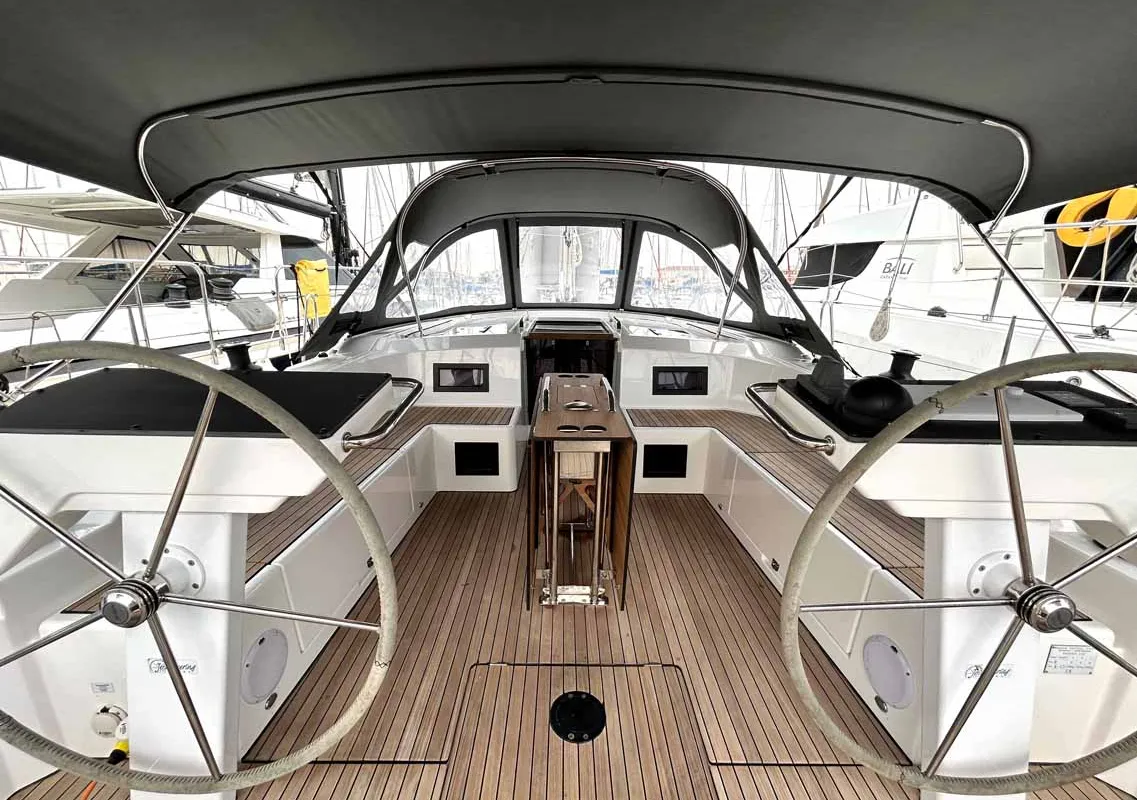 Cockpit of Penelope, a Bavaria C46 sailboat at Municipal Unit of Lefkada, Greece
